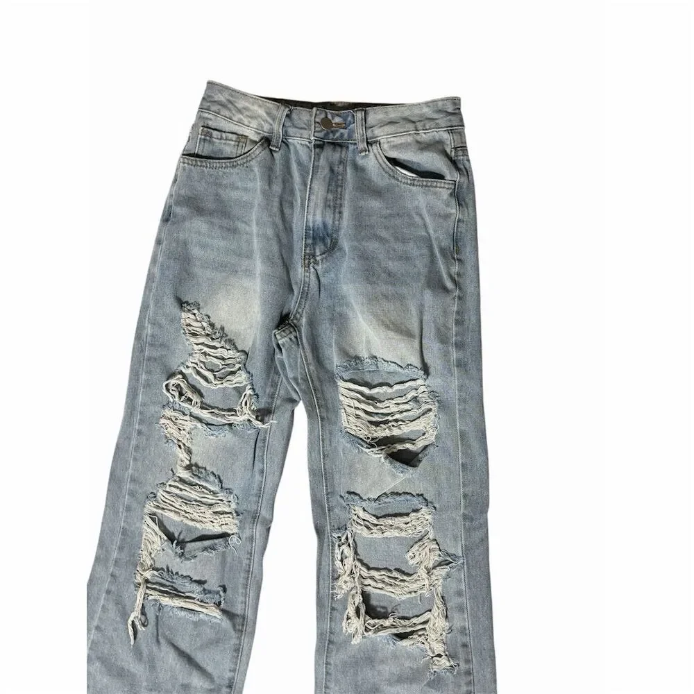 GIRLS SHEIN Petite Distressed Wide-Leg Jeans S Blue Light Wash